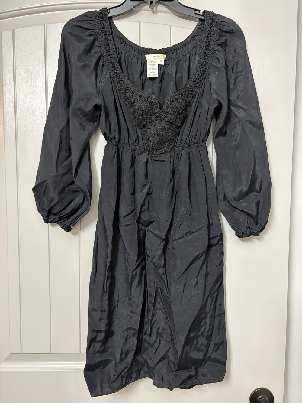 Sophie Max Black Long Sleeve Crochet-Trim Midi Dress